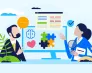 Graj razem z nami dla WOŚP! | Aktualności | Uniwersytet WSB Merito w Gdańsku: Ilustracja do Dni otwartych WSH z kobietą i mężczyzną patrzącego w ekran, gdzie znajdują się puzzle, serce czy mózg