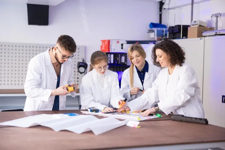 Kosmetologia | Studia I stopnia w Szczecinie | Uniwersytet WSB Merito Szczecin: Grupa studentów w fartuchach w sali laboratoryjnej