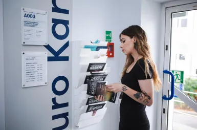 Nasz kampus | Uniwersytet WSB Merito w Toruniu: studentka przed gabinetem biura karier, przegląda magazyn